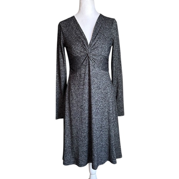 Loft Black Gray Long Sleeve Front Twist Midi Flowy Dress Size S - Picture 1 of 17
